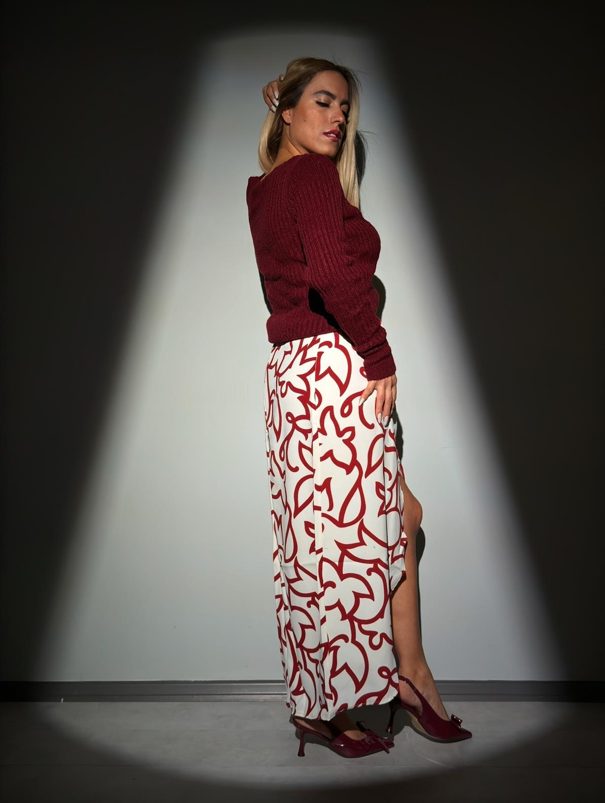 Bej Bordo Desenli Midi Etek