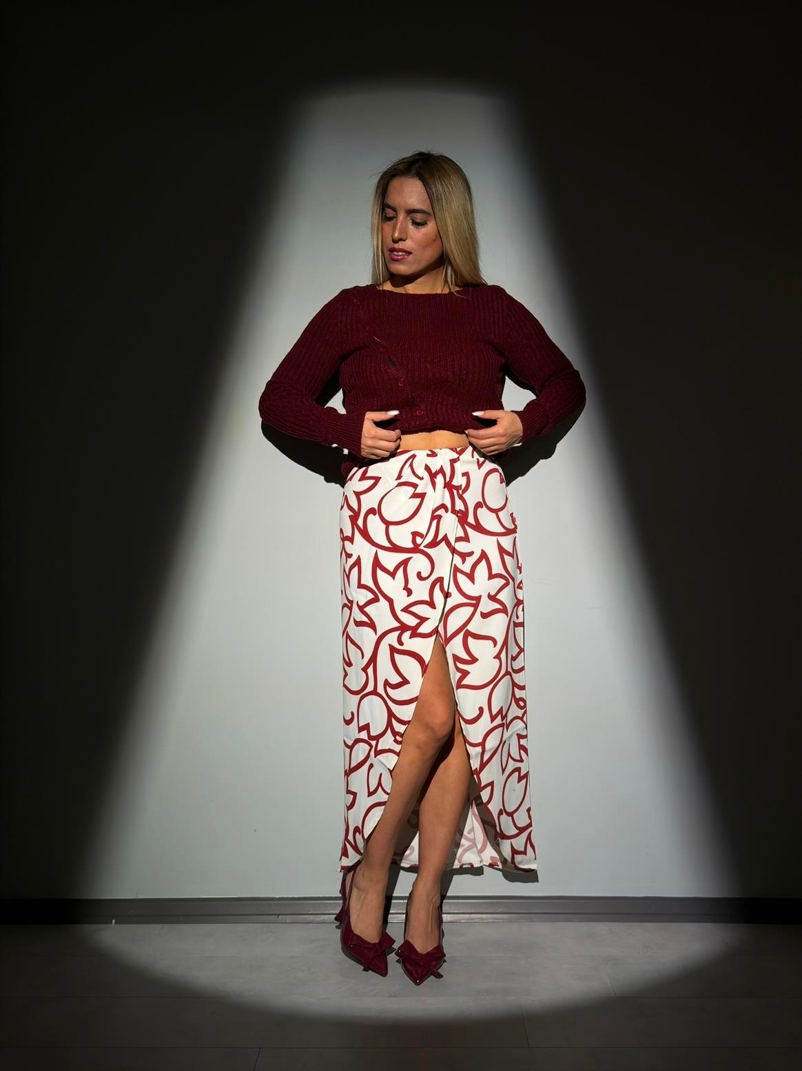 Bej Bordo Desenli Midi Etek