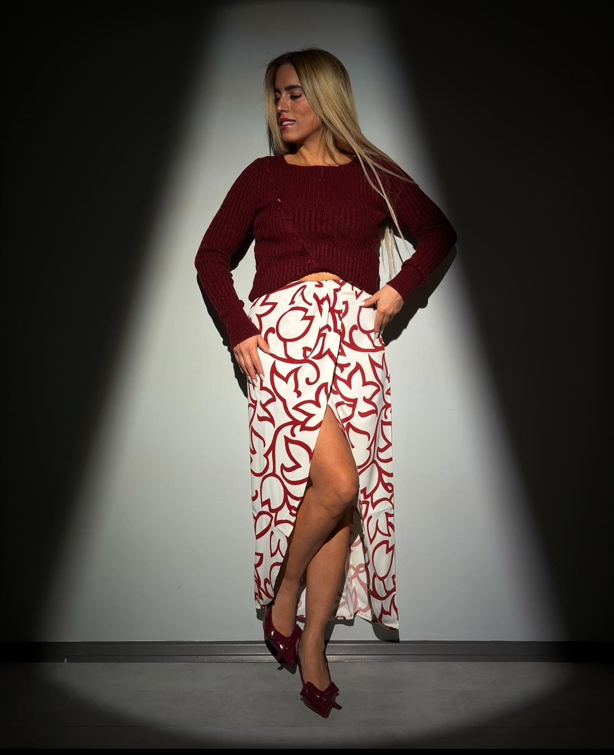 Bej Bordo Desenli Midi Etek