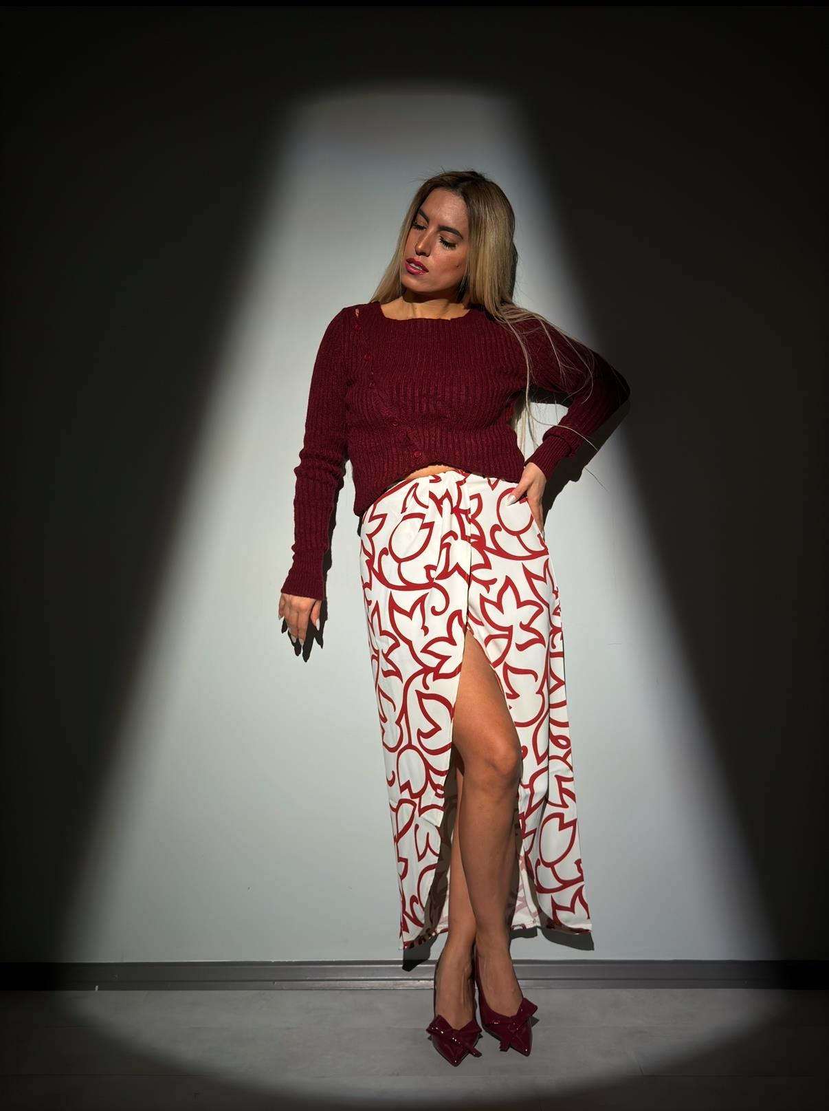 Bej Bordo Desenli Midi Etek