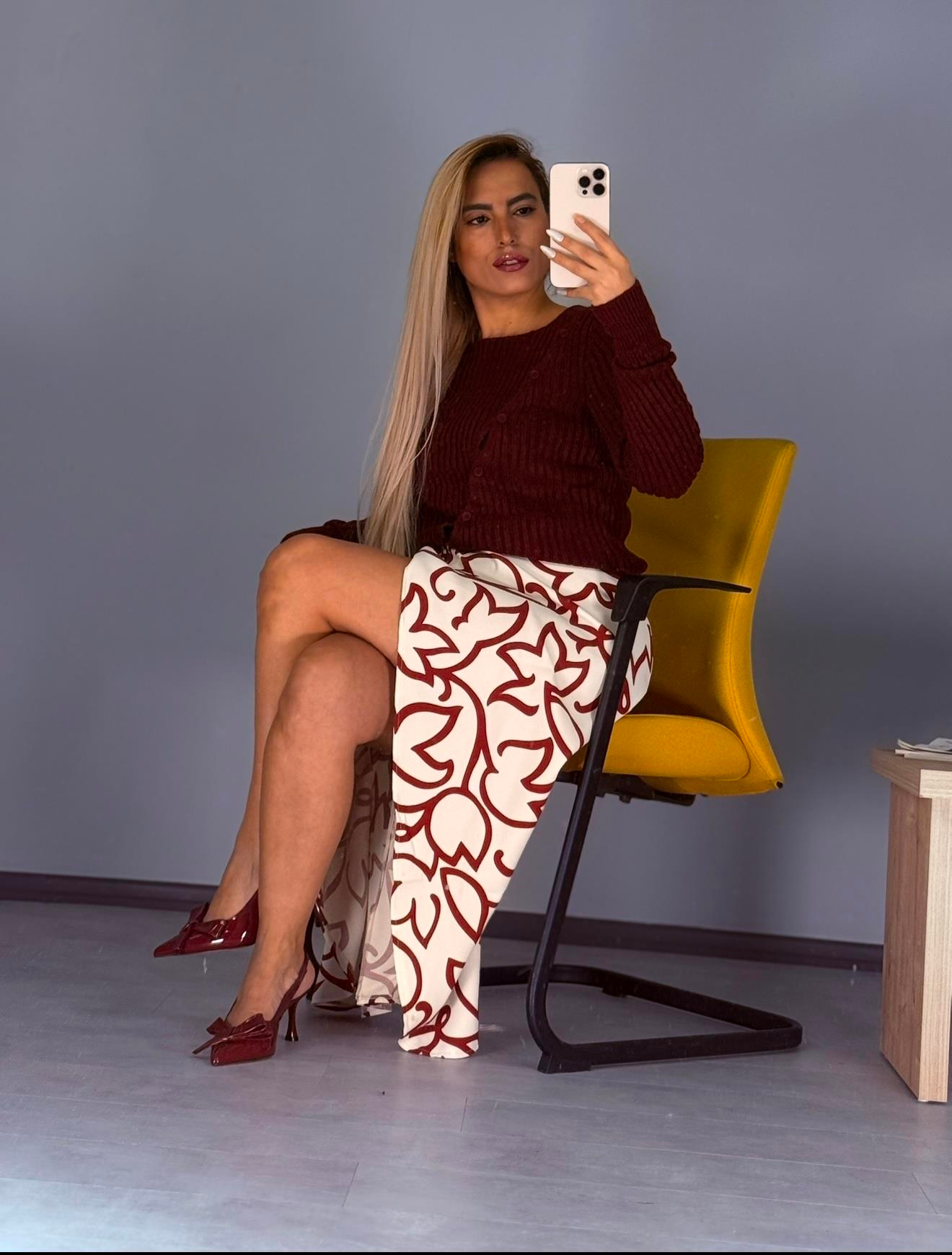 Bej Bordo Desenli Midi Etek