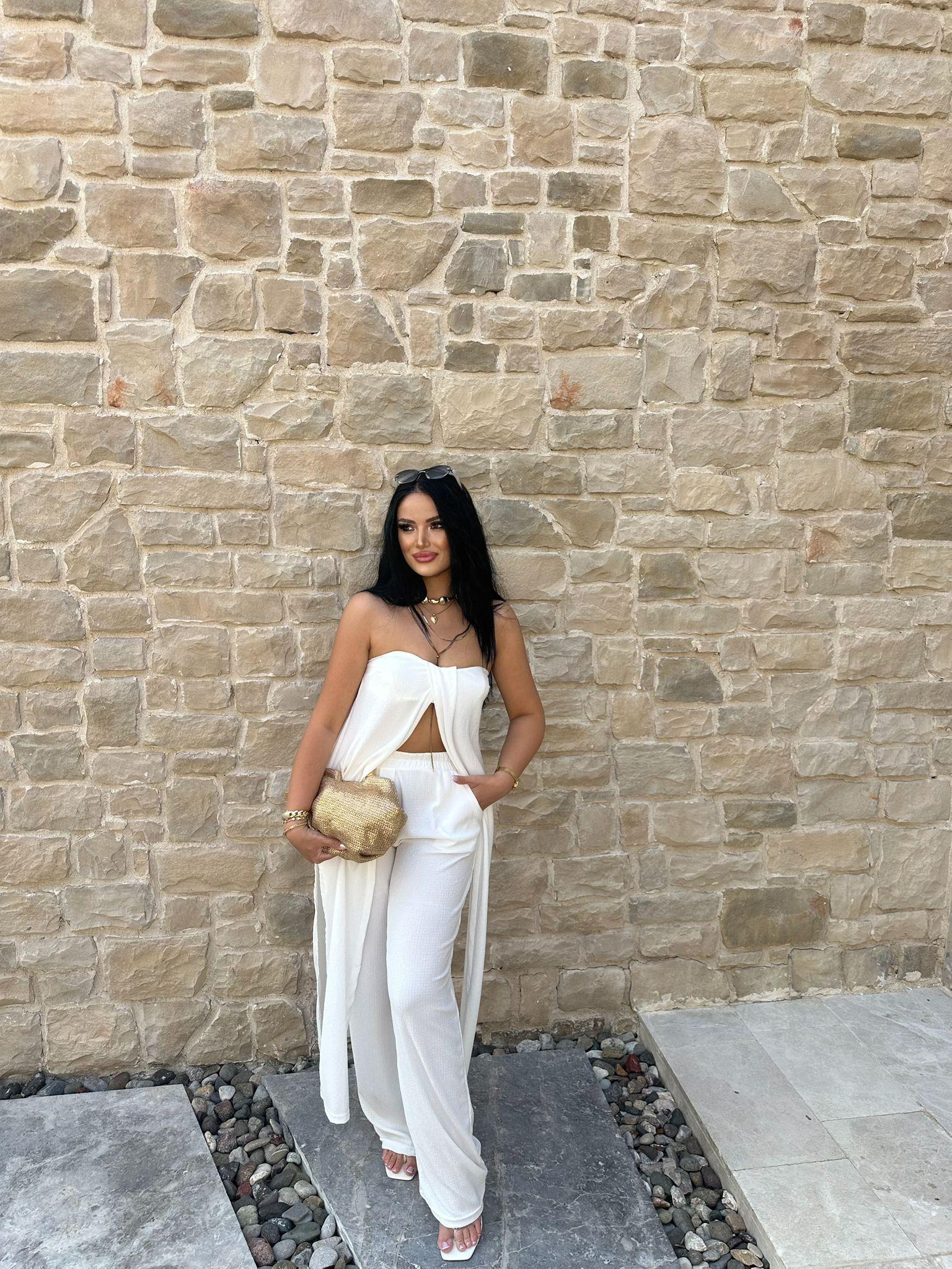 Beyaz  Bürümcük Straplez Tunik Pantolon Takım