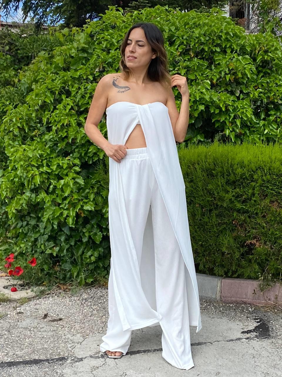 Beyaz  Bürümcük Straplez Tunik Pantolon Takım