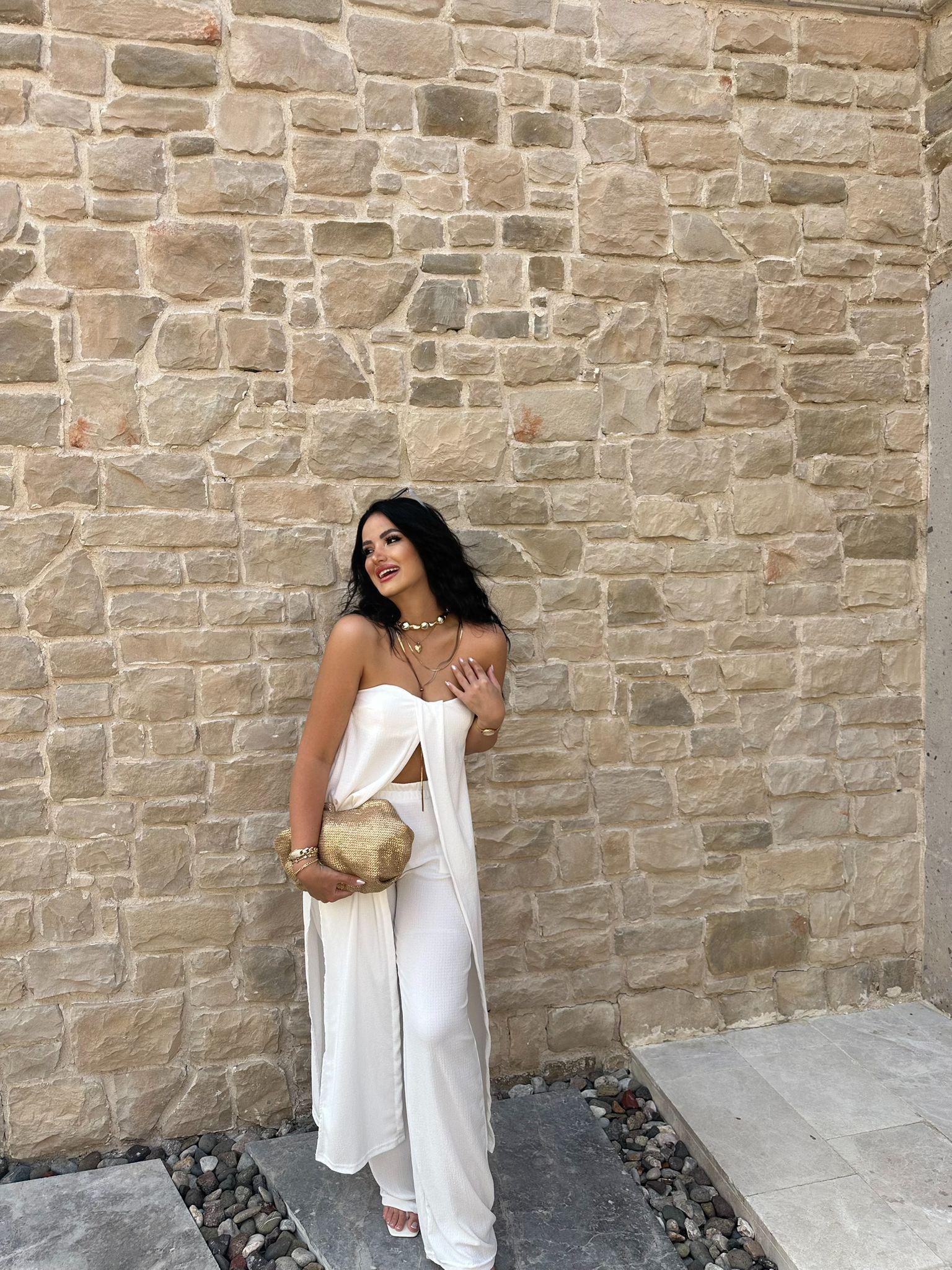 Beyaz  Bürümcük Straplez Tunik Pantolon Takım