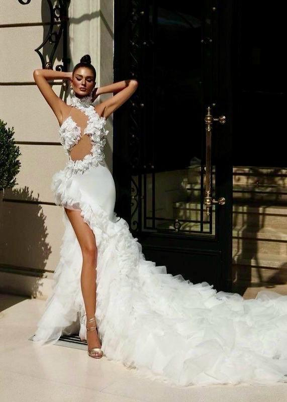 Beyaz Derin Yırtmaç Güpür Çiçek Detaylı Marchesa Gelinlik