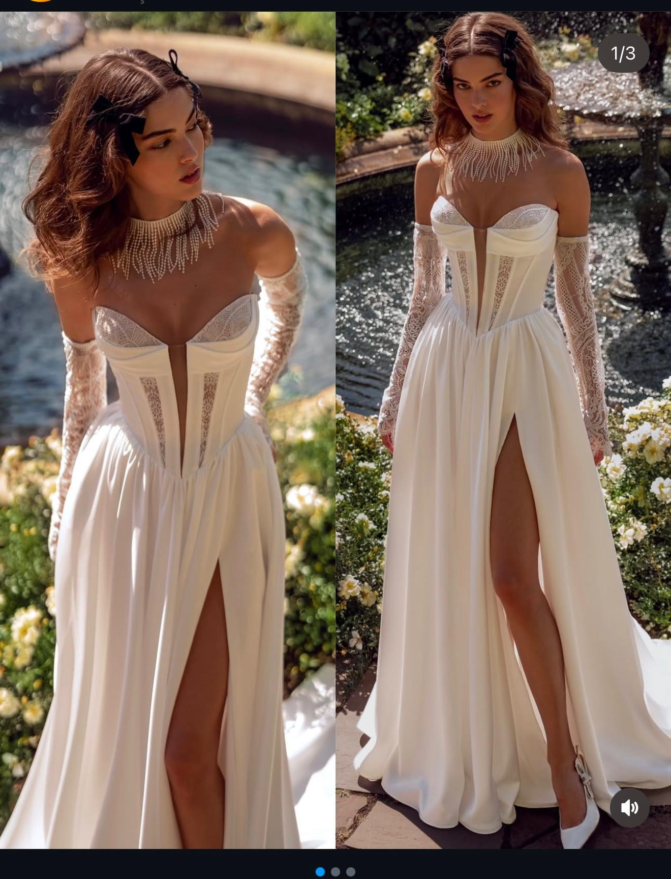 Beyaz Straplez Dantel Eldiven Detaylı Derin Dekolteli Luna Estelle Gelinlik