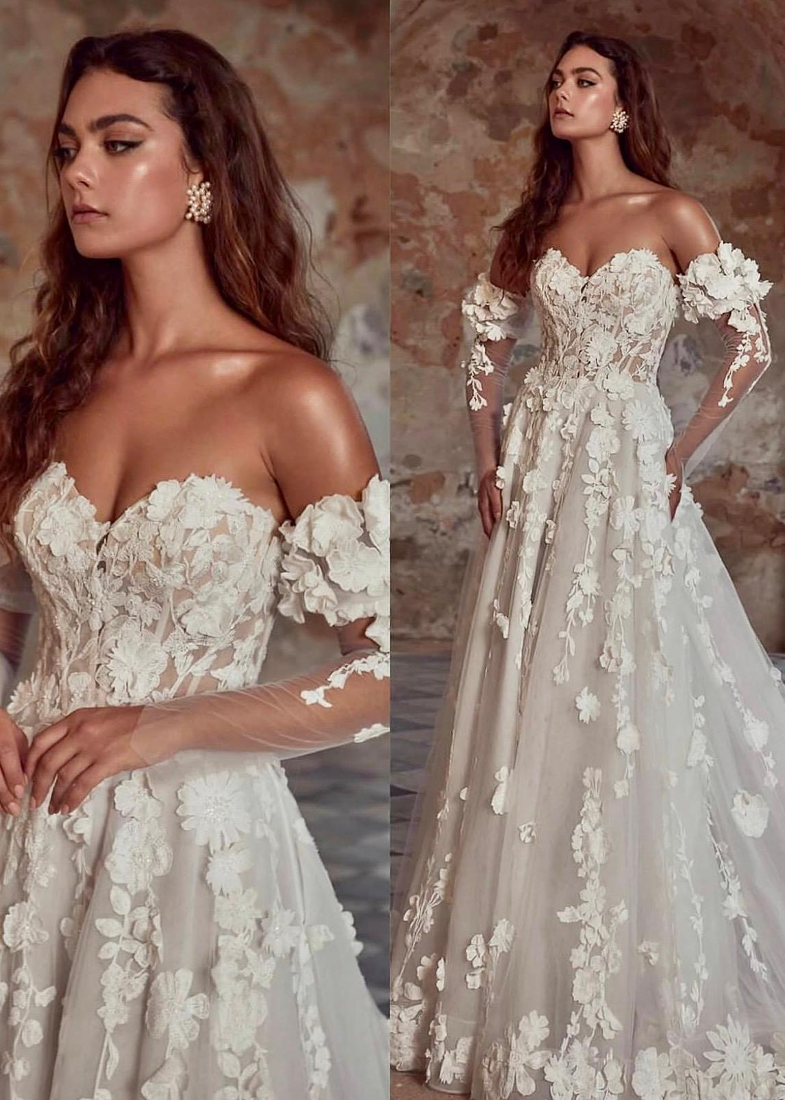 Beyaz Straplez Full Güpür Detaylı Opaline Grace Gelinlik