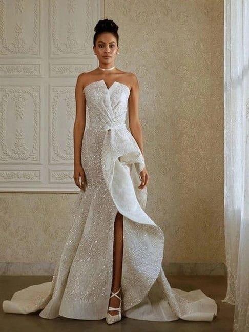 Beyaz Straplez Saten Üzeri Full Taş İşlemeli Opulent Radiance Gelinlik