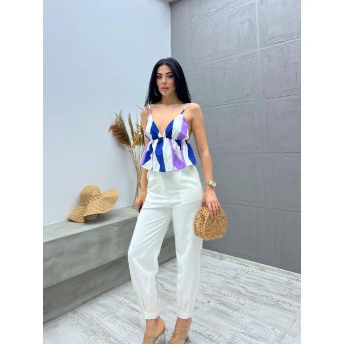 Beyaz Üzeri Lacivert Lila Çizgili Crop