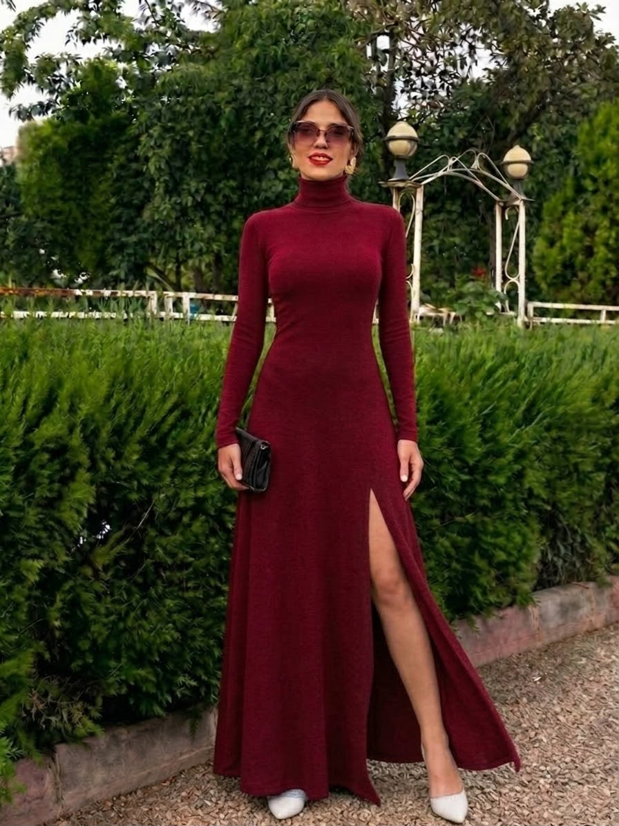 Bordo Boğazlı Uzun Derin Yırtmaçlı Maxi Elbise