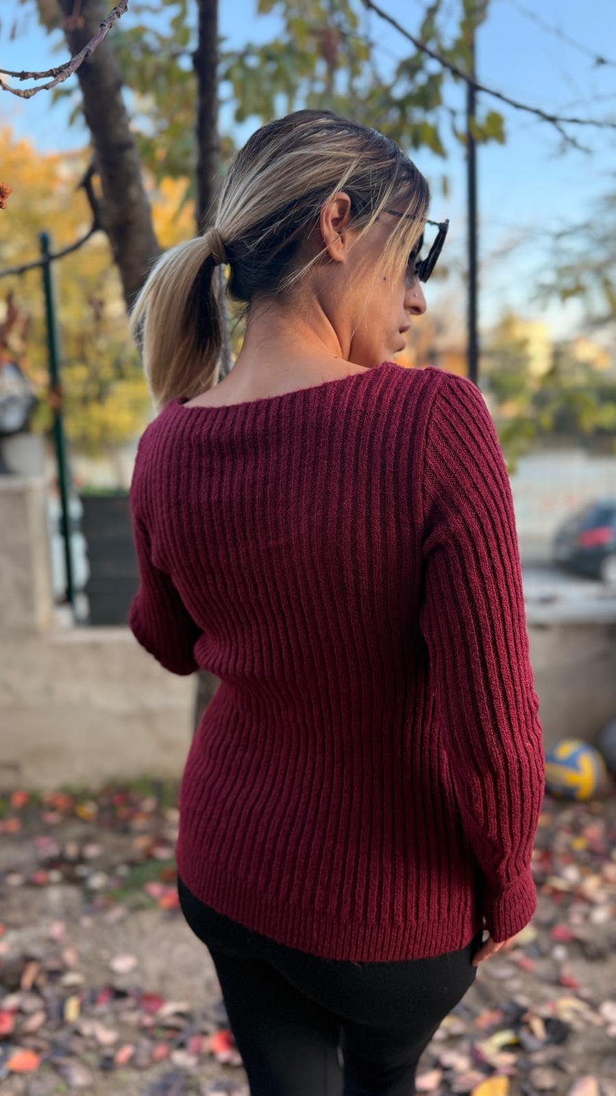 Bordo Düğme Detaylı Triko Kazak