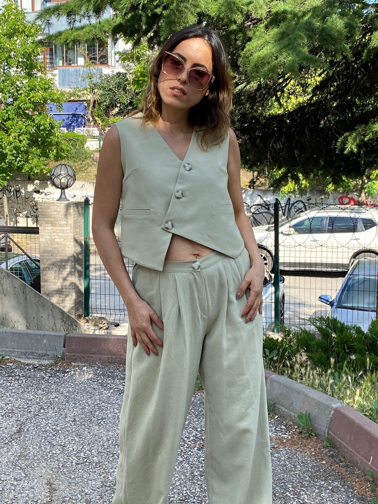 Çağla Yeşili Keten Pantolon Yelek Takım