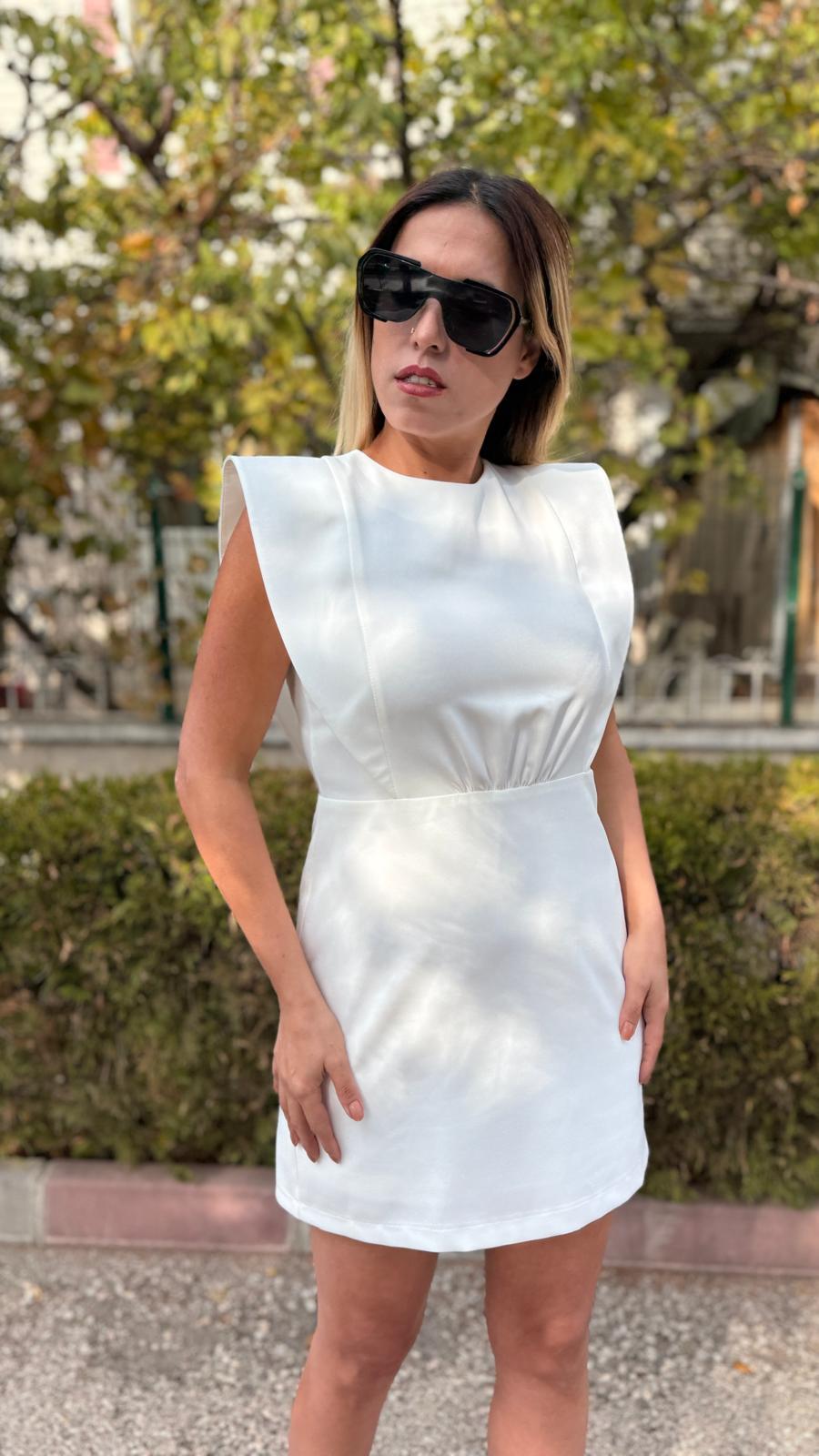 duble kumaş mini elbise beyaz omuz detaylı
