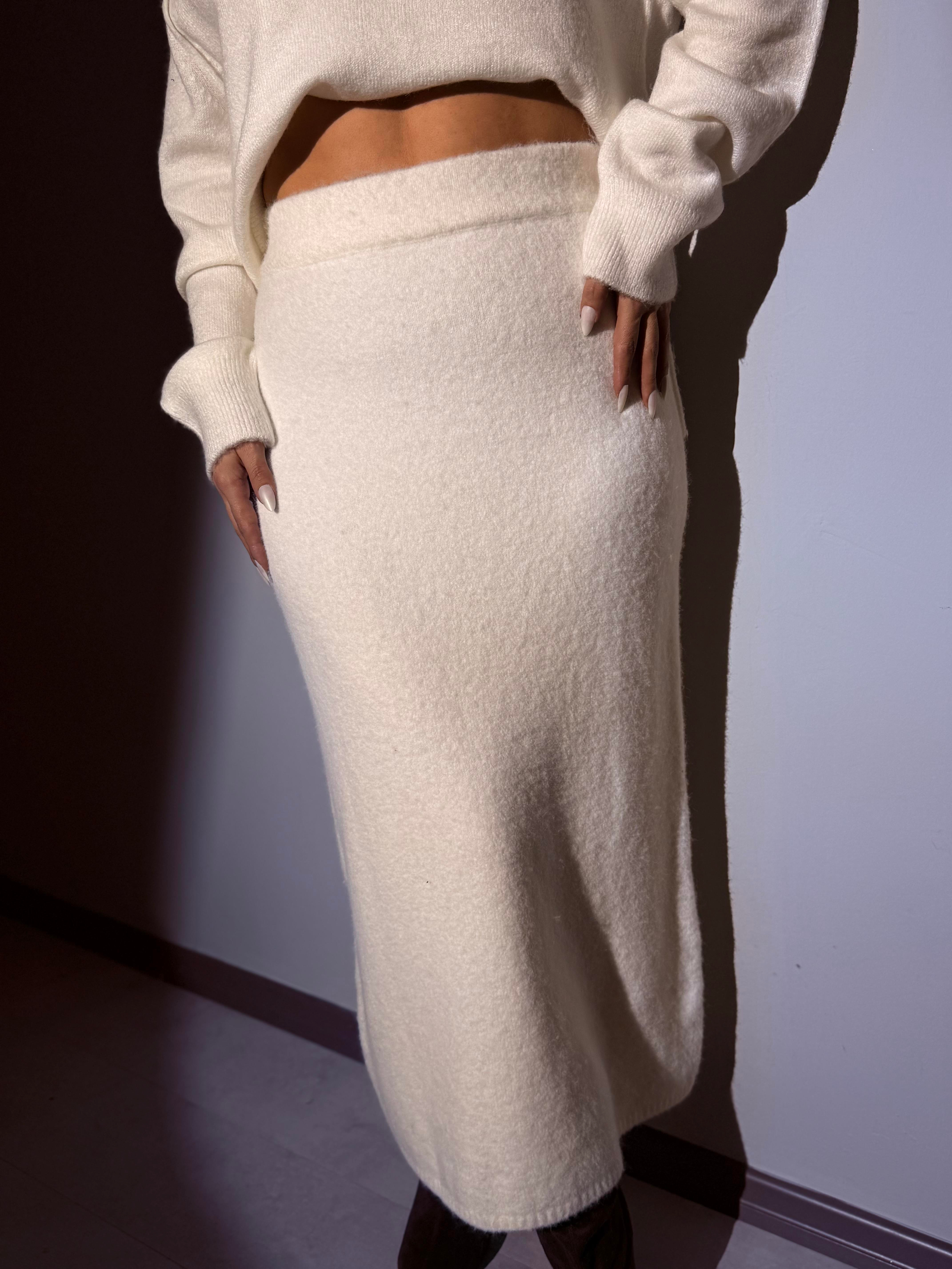 Ekru Beli Lastikli Triko Etek