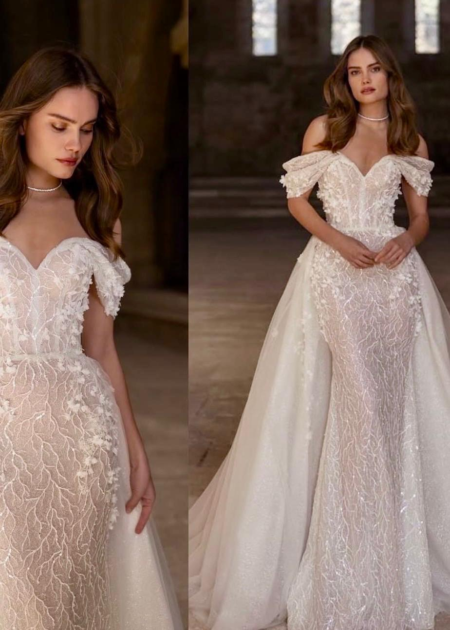 Ekru Düşük Kol Uzun Saten Kuyruk Detaylı Balık Model Sapphire Embrace Gelinlik