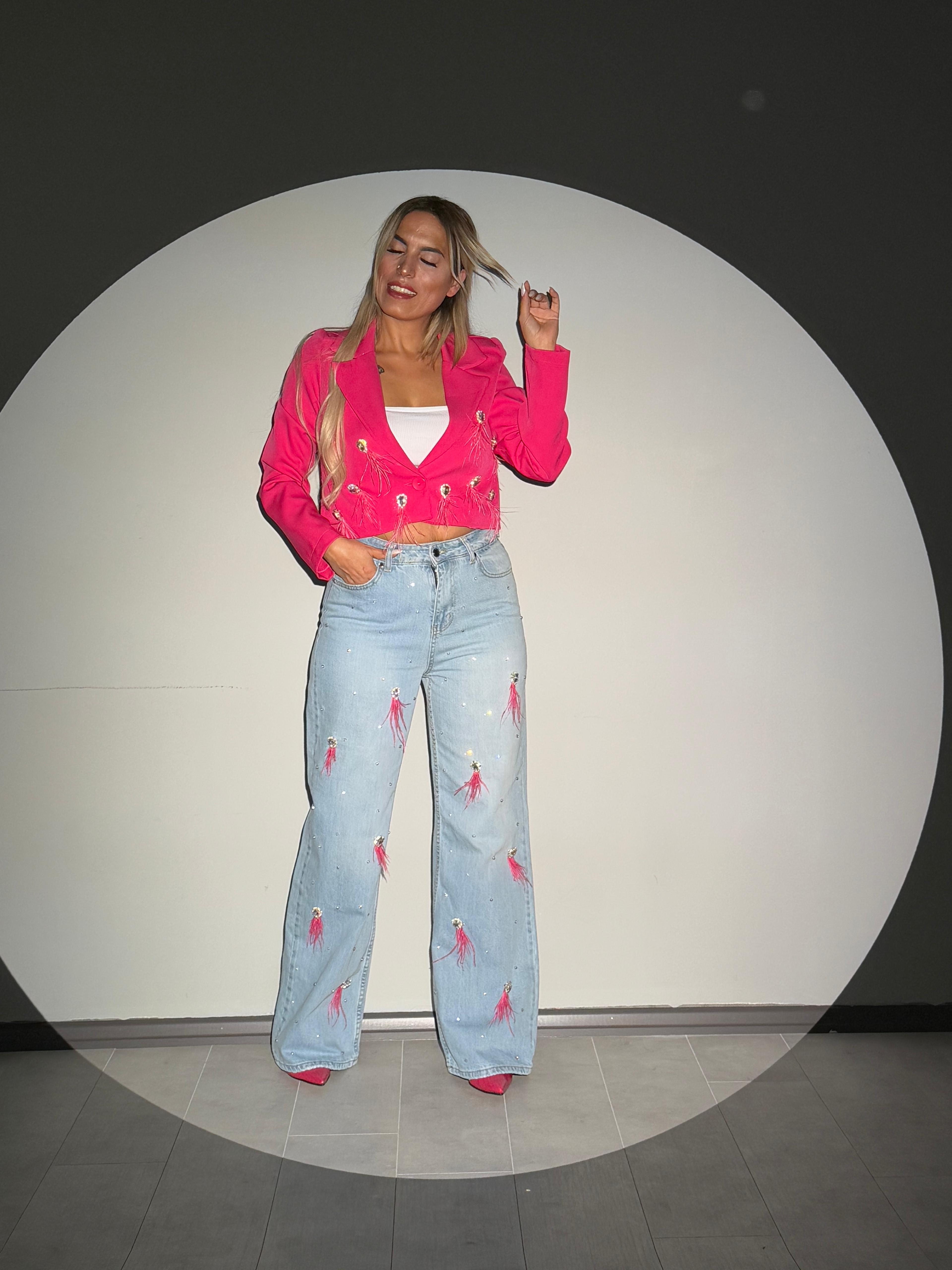 Fuşya Tüy Detaylı Tasarım Ceket