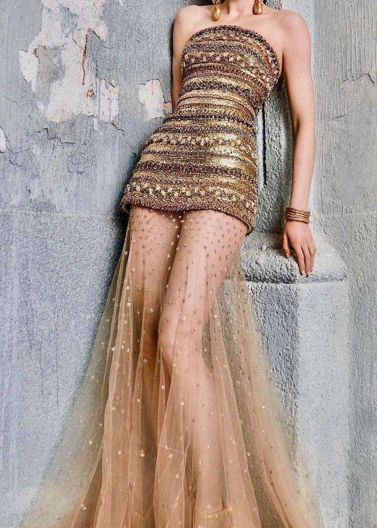 Gold Straplez Taş İşlemeli Mini Tül Etek Ciel de Minuit Elbise