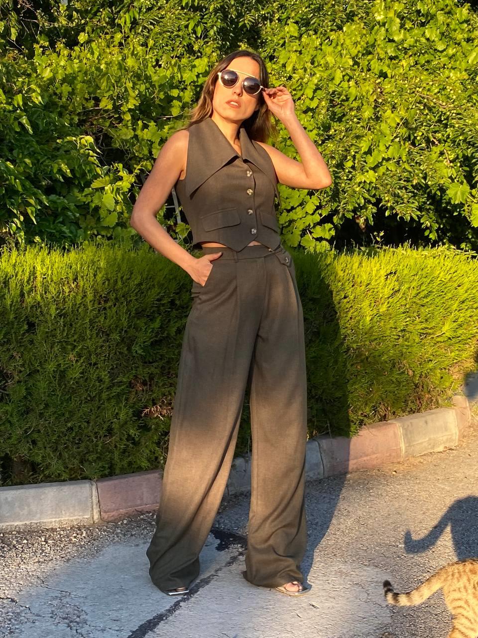haki yeşil keten kumaş geniş yaka yelek pantolon takım