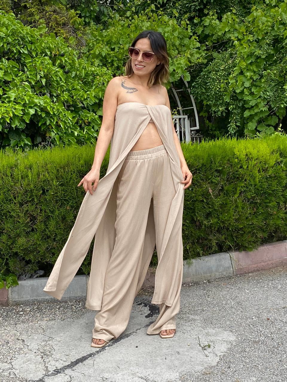 Kahve Bürümcük Straplez Tunik Pantolon Takım