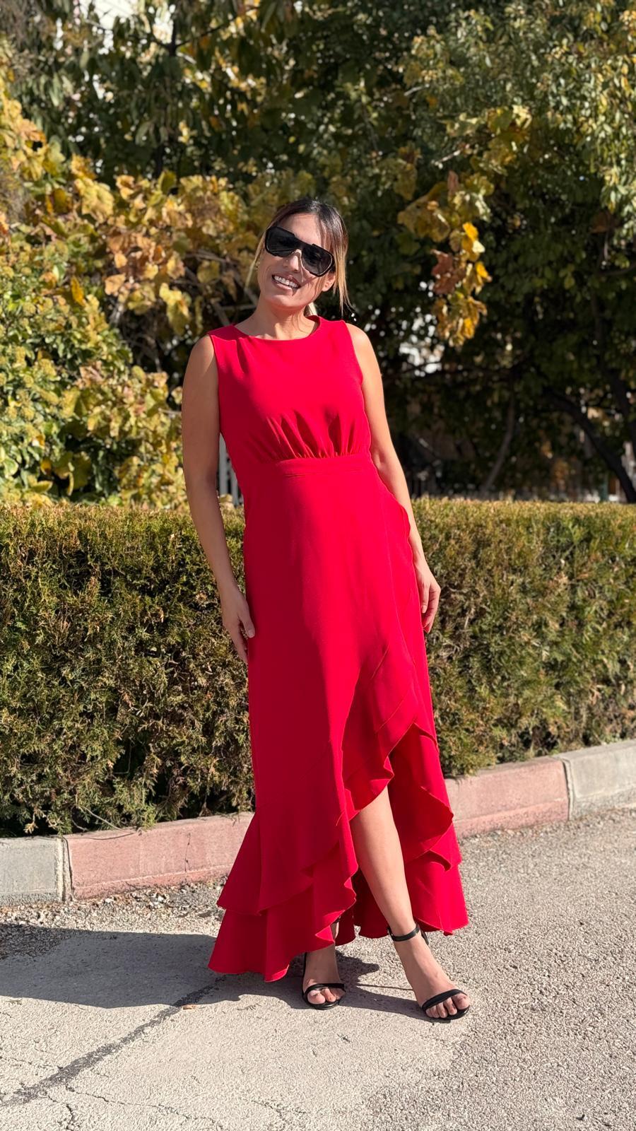 Kırmızı  Dabıl Kumaş Volanlı Elbise