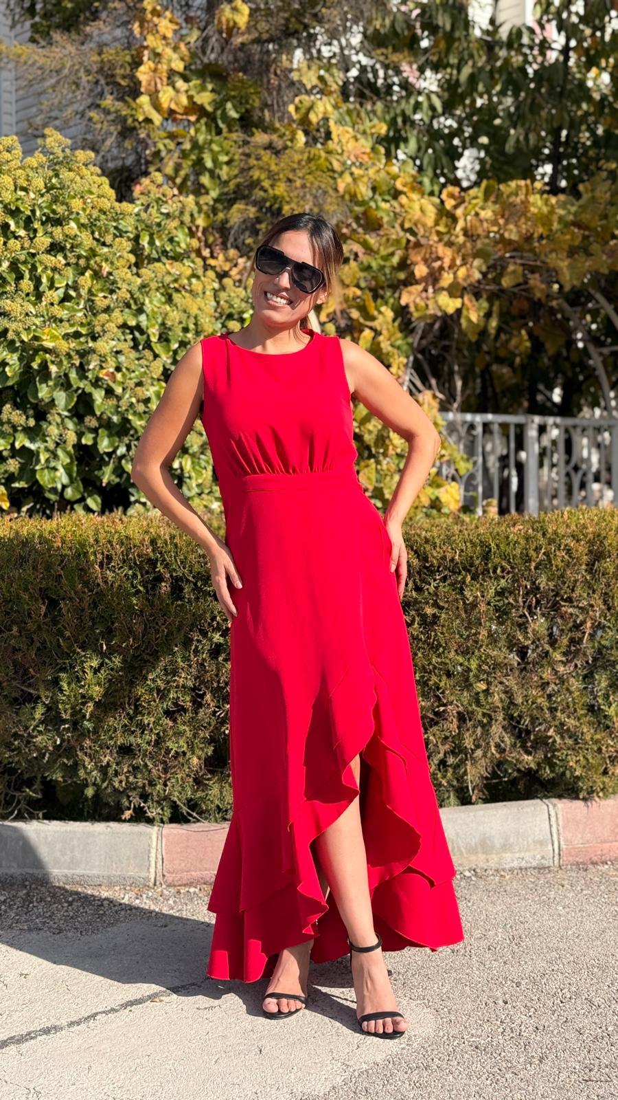 Kırmızı  Dabıl Kumaş Volanlı Elbise