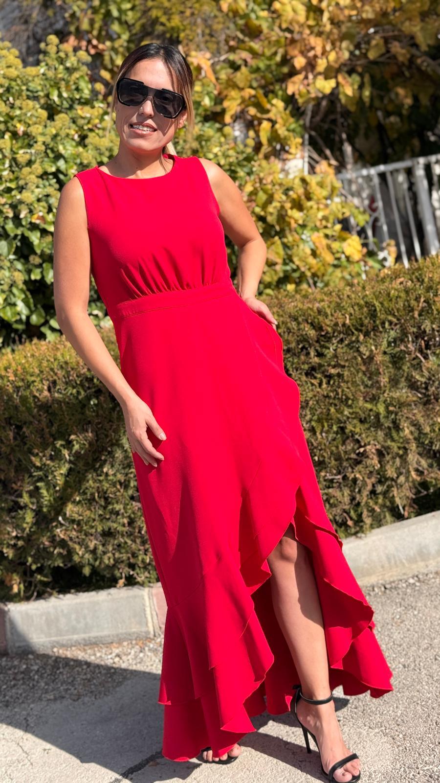 Kırmızı  Dabıl Kumaş Volanlı Elbise