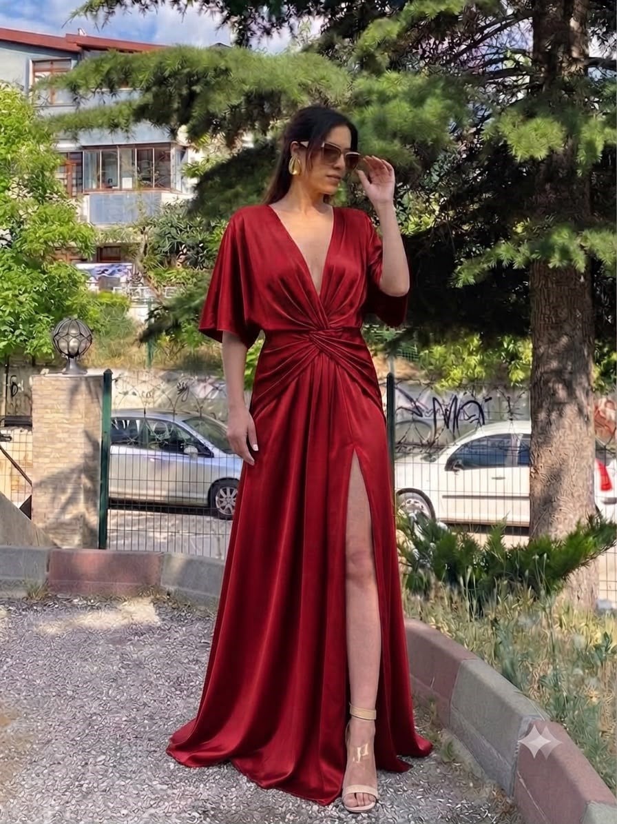 KIRMIZI saten likralı tasarım elbise