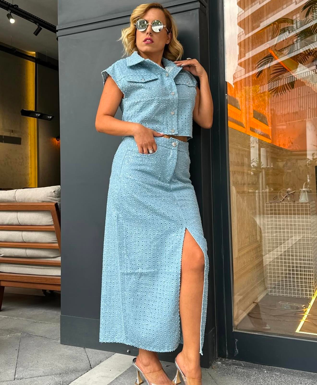 Kot Gümüş Payetli Uzun Önü Yırtmaçlı Etek