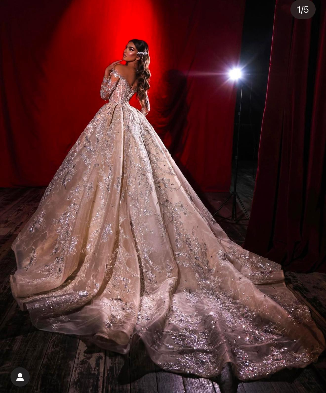 Krem Üzeri Gümüş Taş İşlemeli Göğüs Dekolteli Prenses Model Seraphina Gelinlik