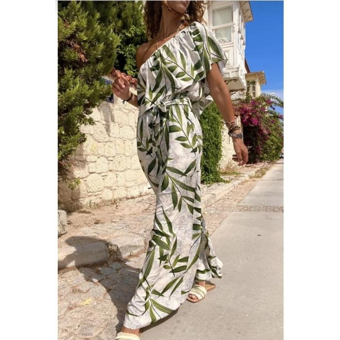 Krem Üzeri Yeşil Yaprak Desenli Tek Kol Tulum