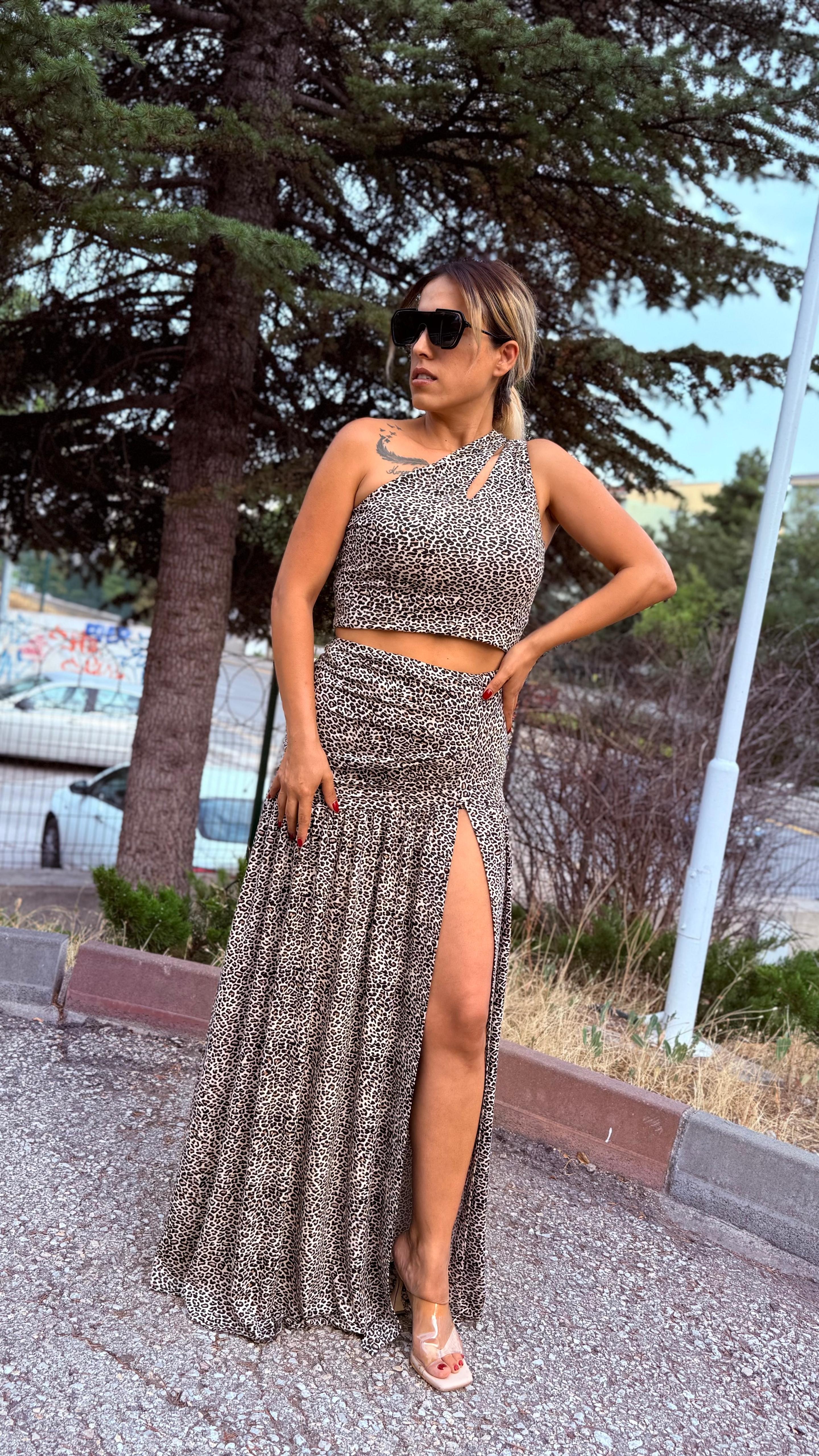 Leopar Derin Yırtmaçlı Etek