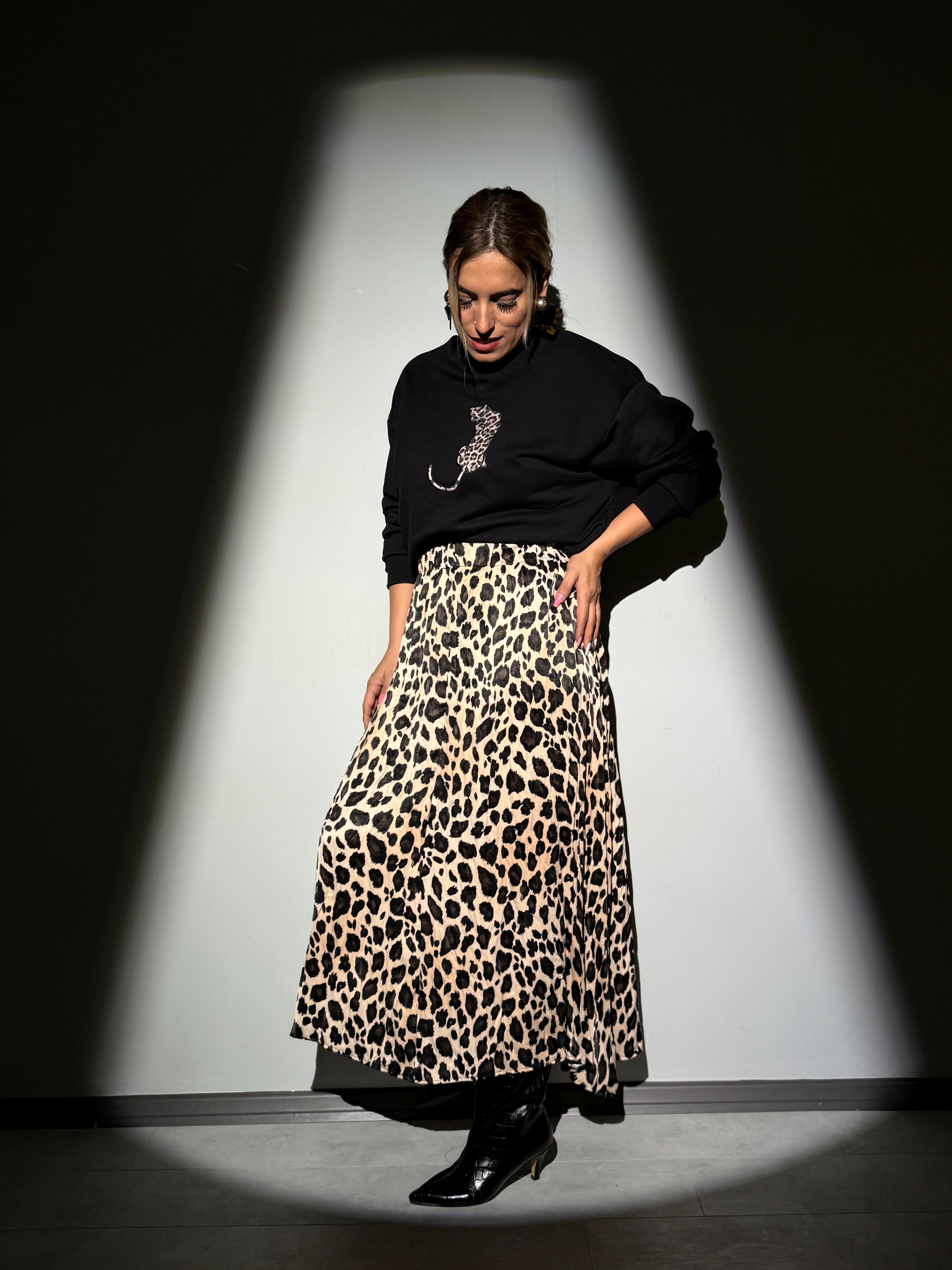 Leopar Desen Saten Kiloş Midi Boy Etek