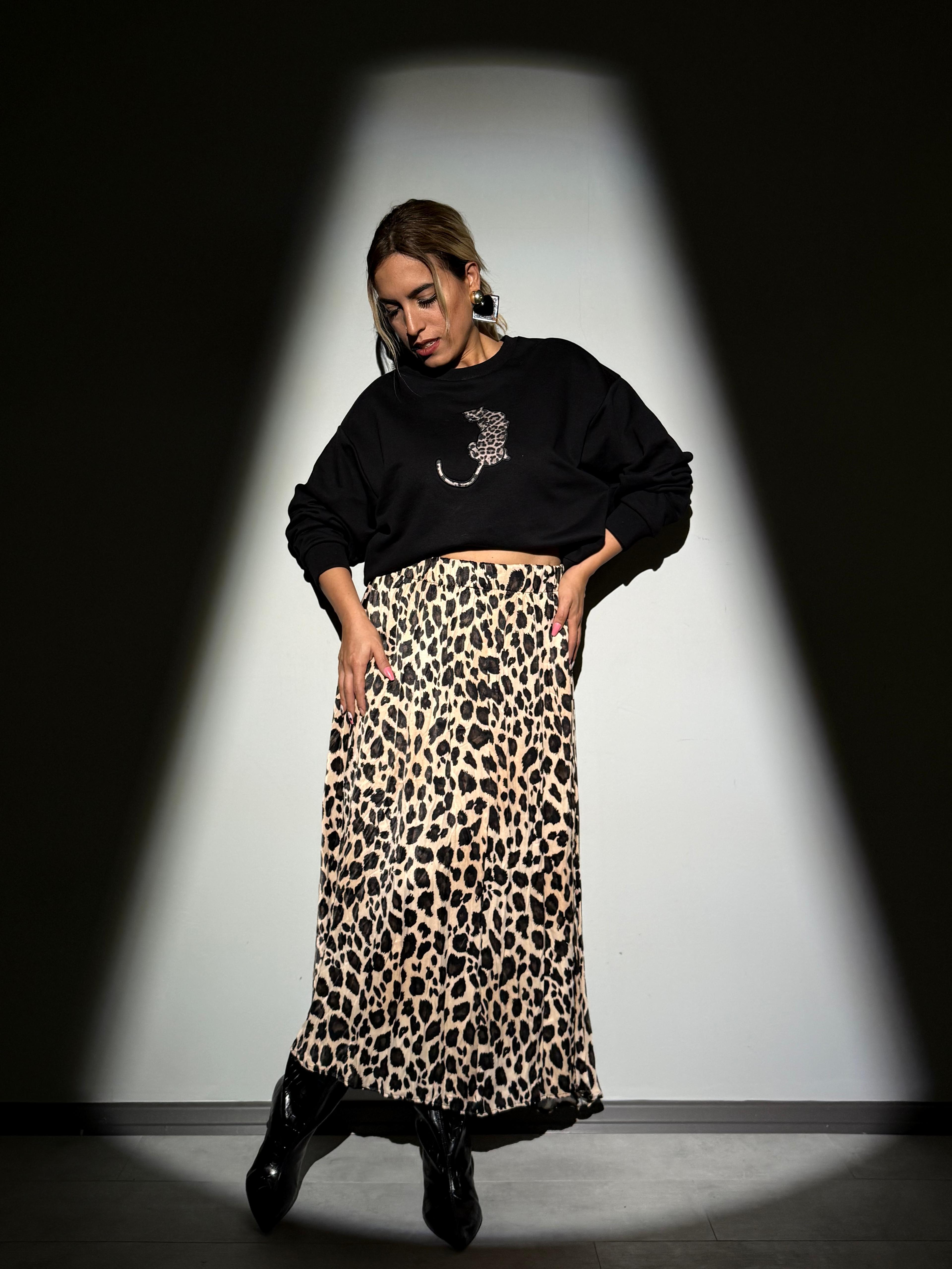 Leopar Desen Saten Kiloş Midi Boy Etek