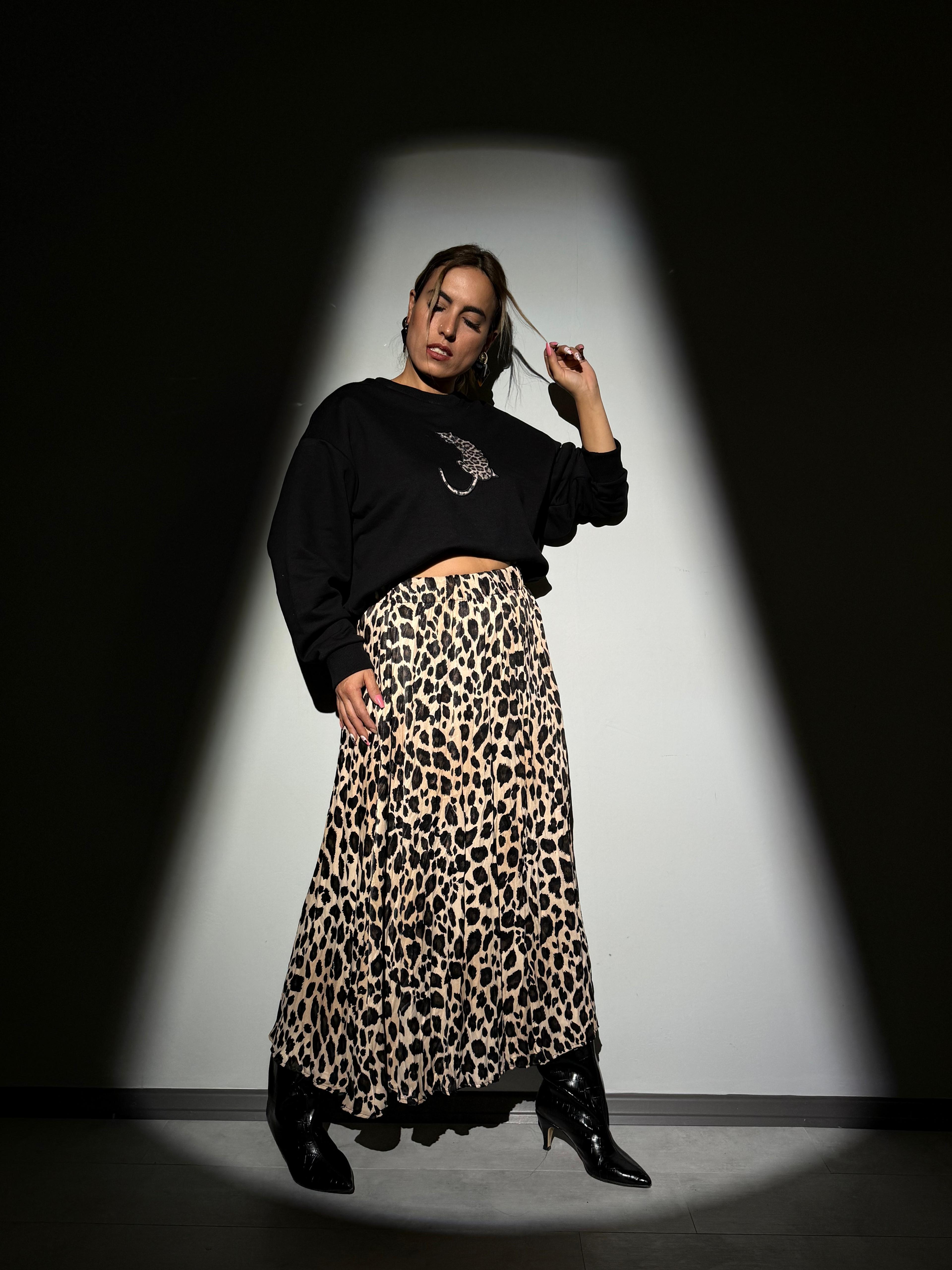 Leopar Desen Saten Kiloş Midi Boy Etek