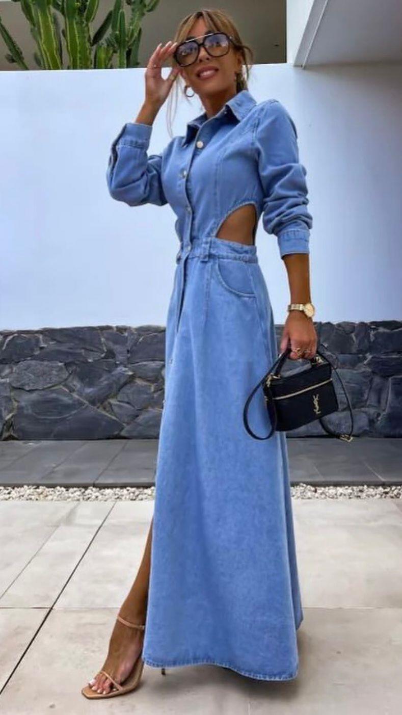 Mavi Kot Uzun Bel Dekolteli Elbise