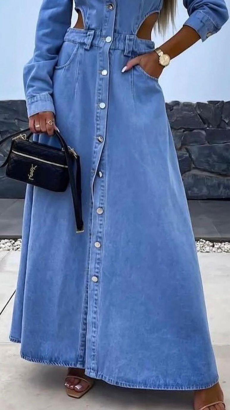 Mavi Kot Uzun Bel Dekolteli Elbise