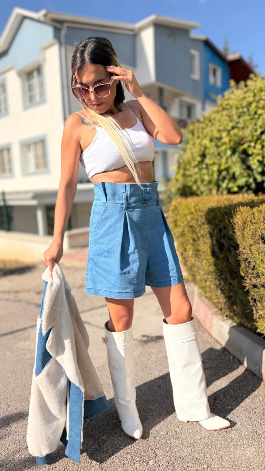 mavi yüksek bel kot şort