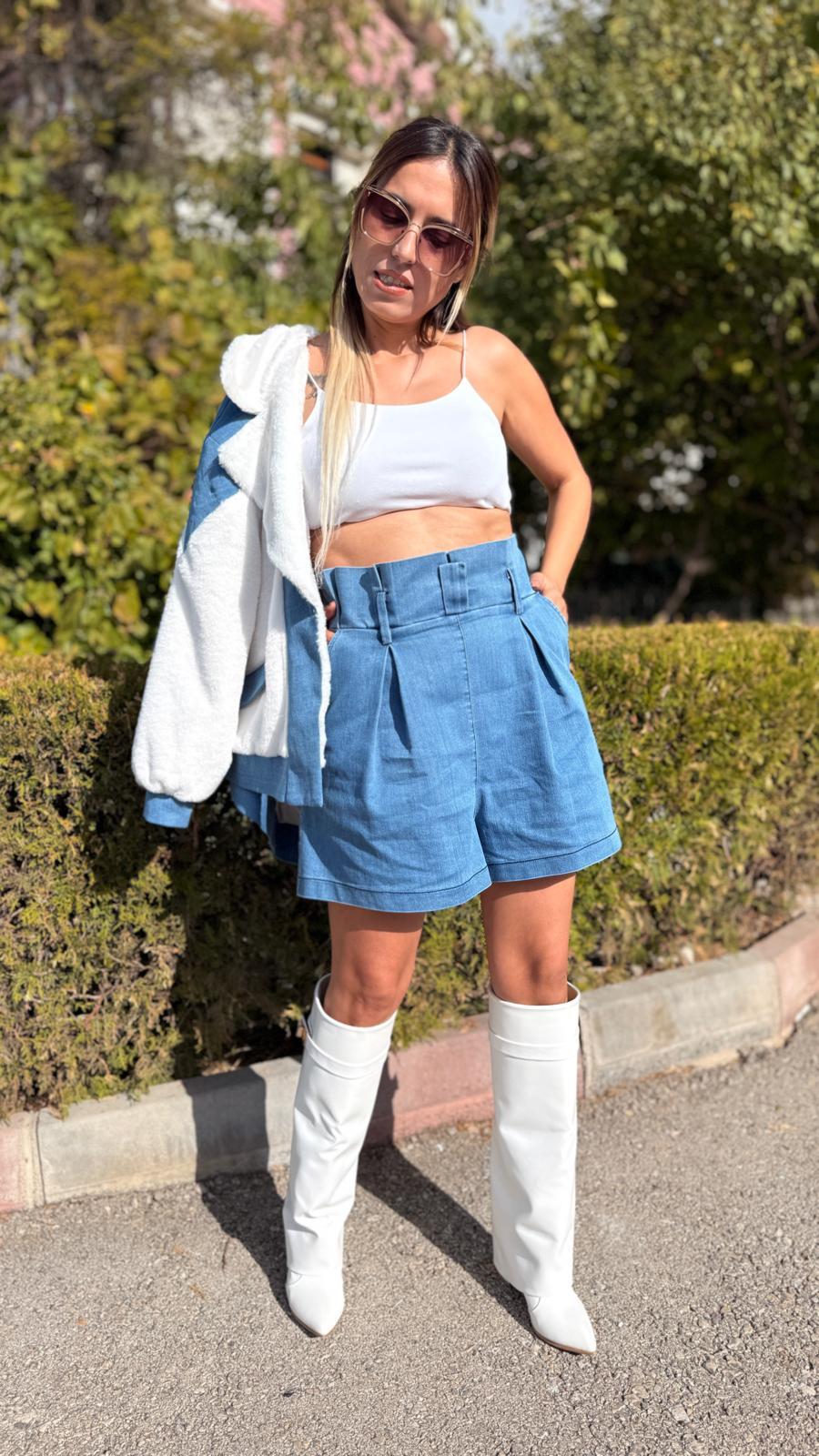 mavi yüksek bel kot şort