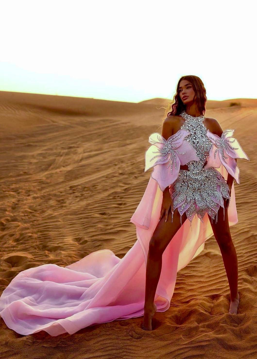 Pembe Full Taş İşlemeli Uzun Pembe Kuyruklu Starry Blush Gelinlik