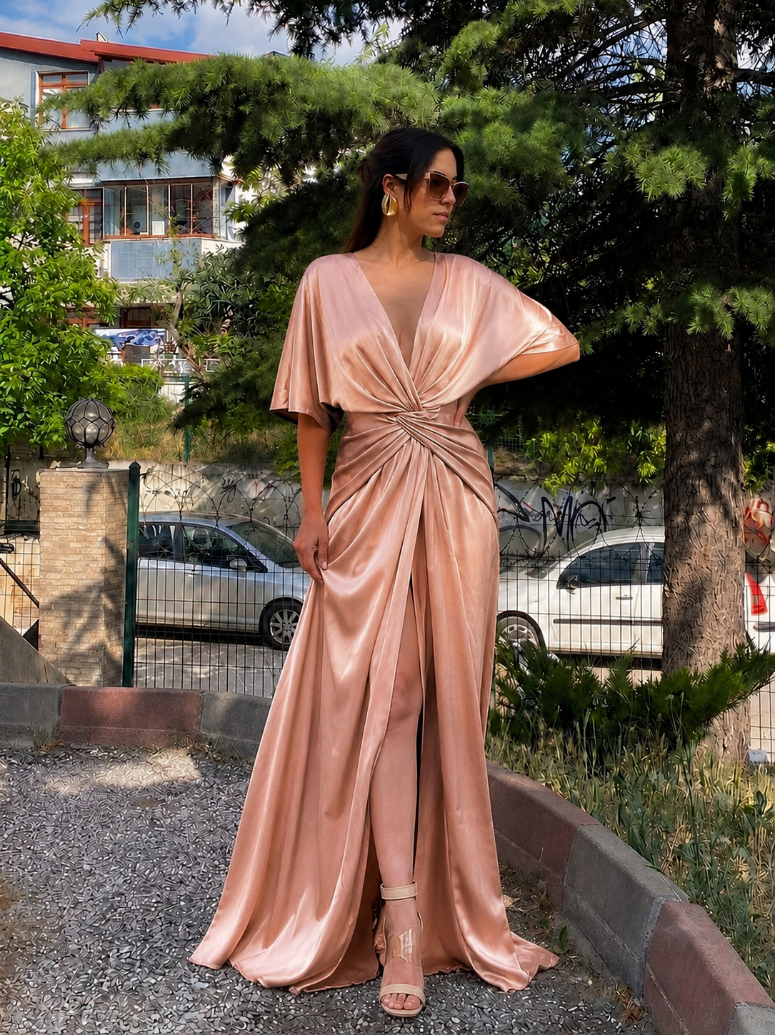 rose saten likralı tasarım elbise