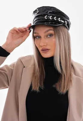 Rugan Deri Siyah Kasket Şapka