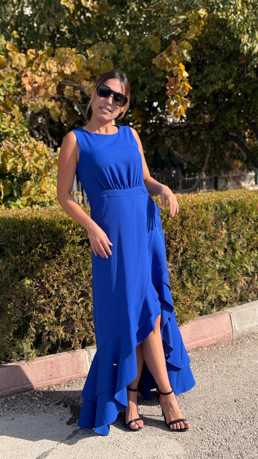Saks Mavi  Dabıl Kumaş Volanlı Elbise