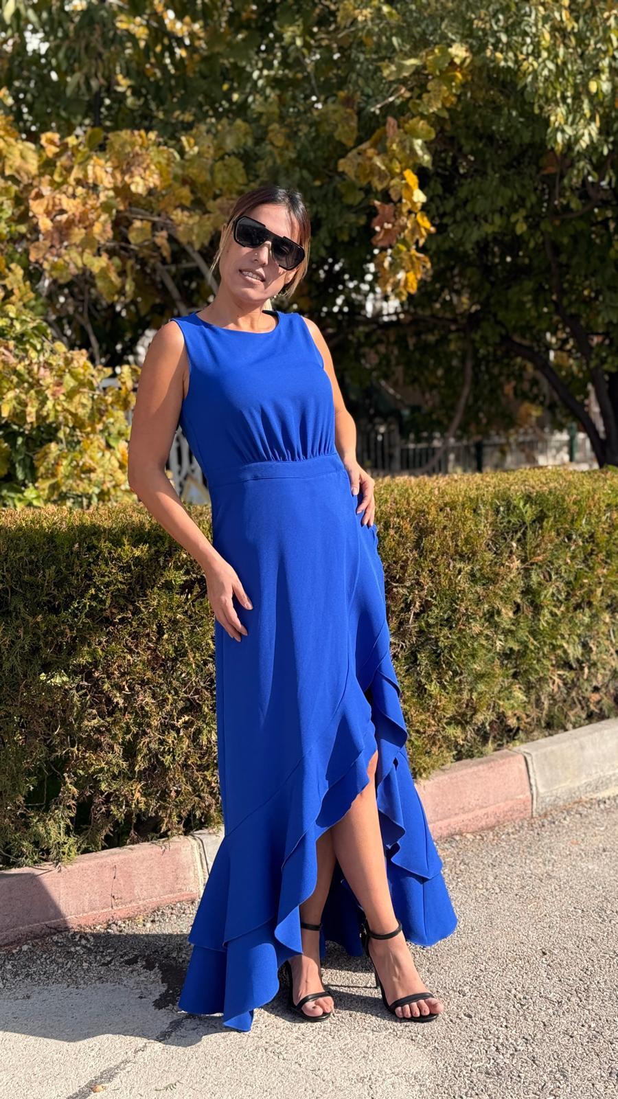 Saks Mavi  Dabıl Kumaş Volanlı Elbise