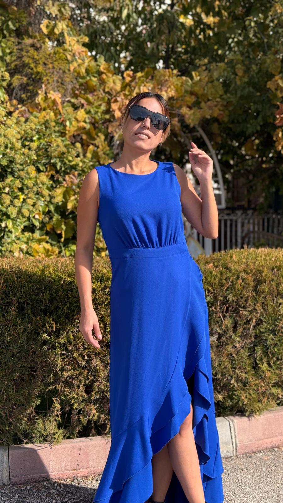 Saks Mavi  Dabıl Kumaş Volanlı Elbise