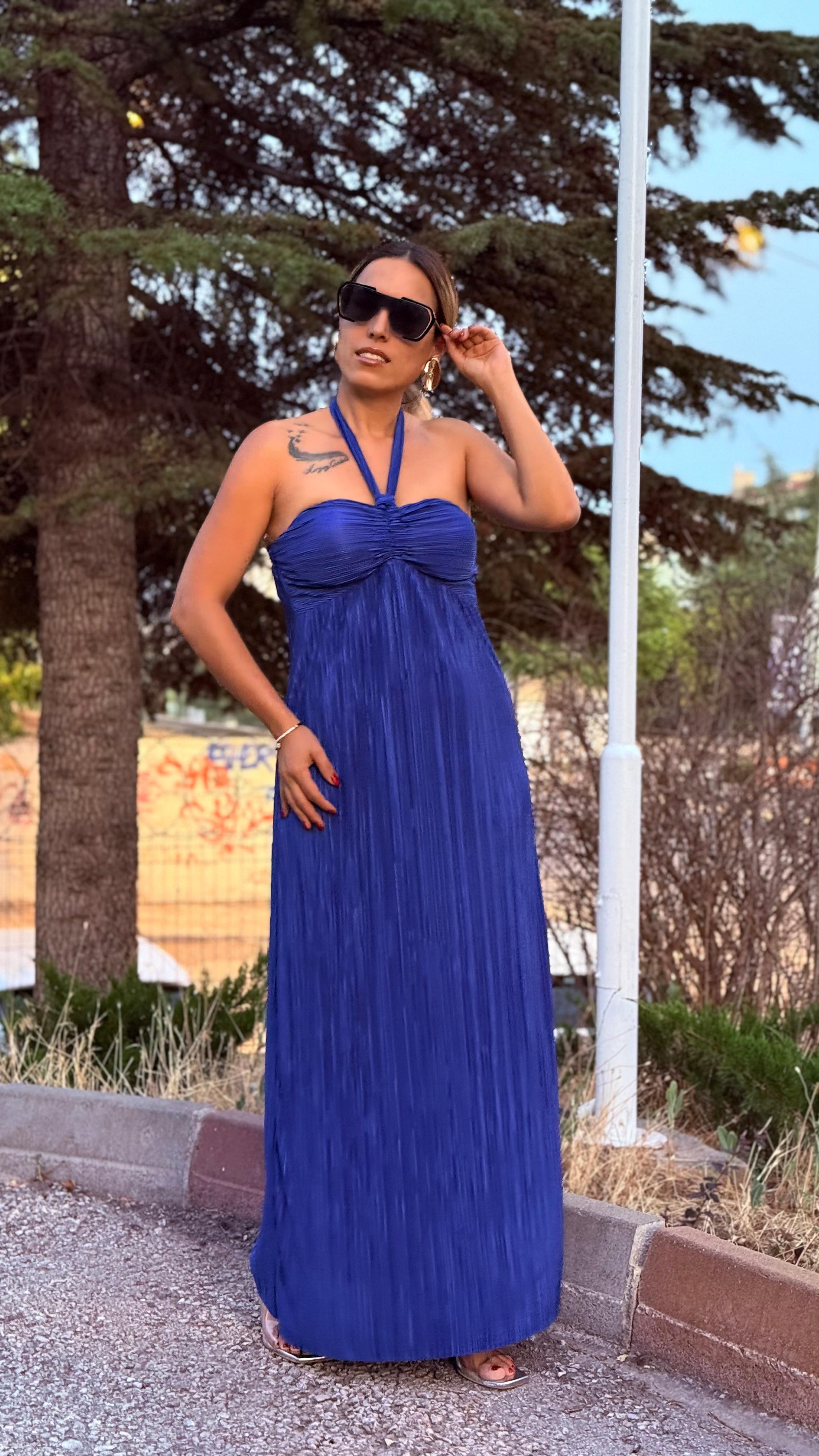 Saks Mavi Saten Pilise Göğüs Kuplu Boyundan Bağlamalı Uzun Elbise