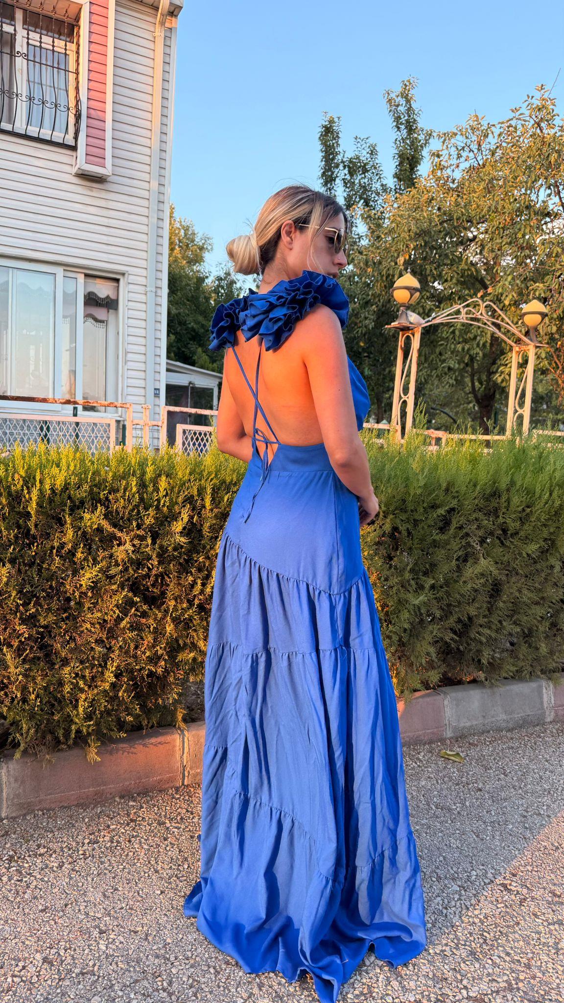 Saks Sırt Dekolteli Keten Elbise