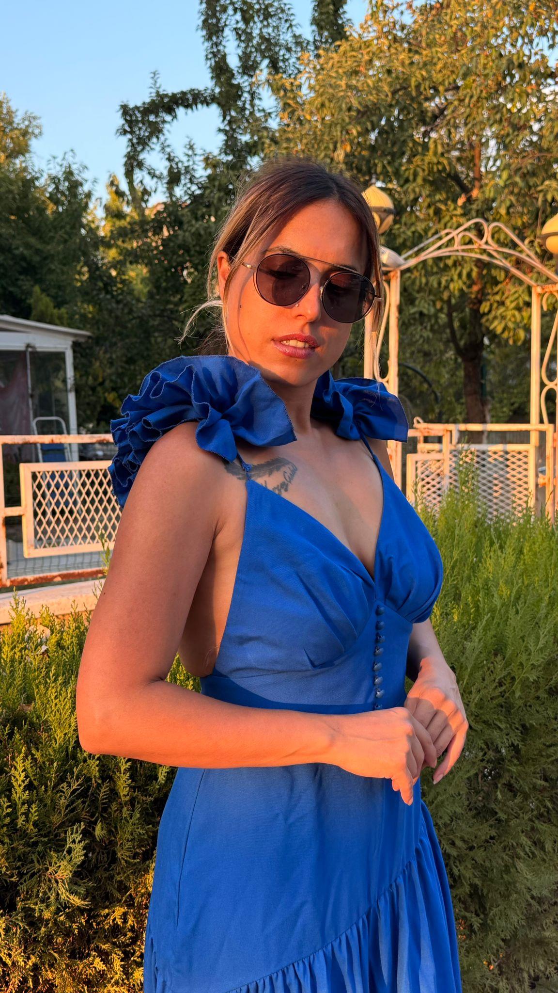 Saks Sırt Dekolteli Keten Elbise