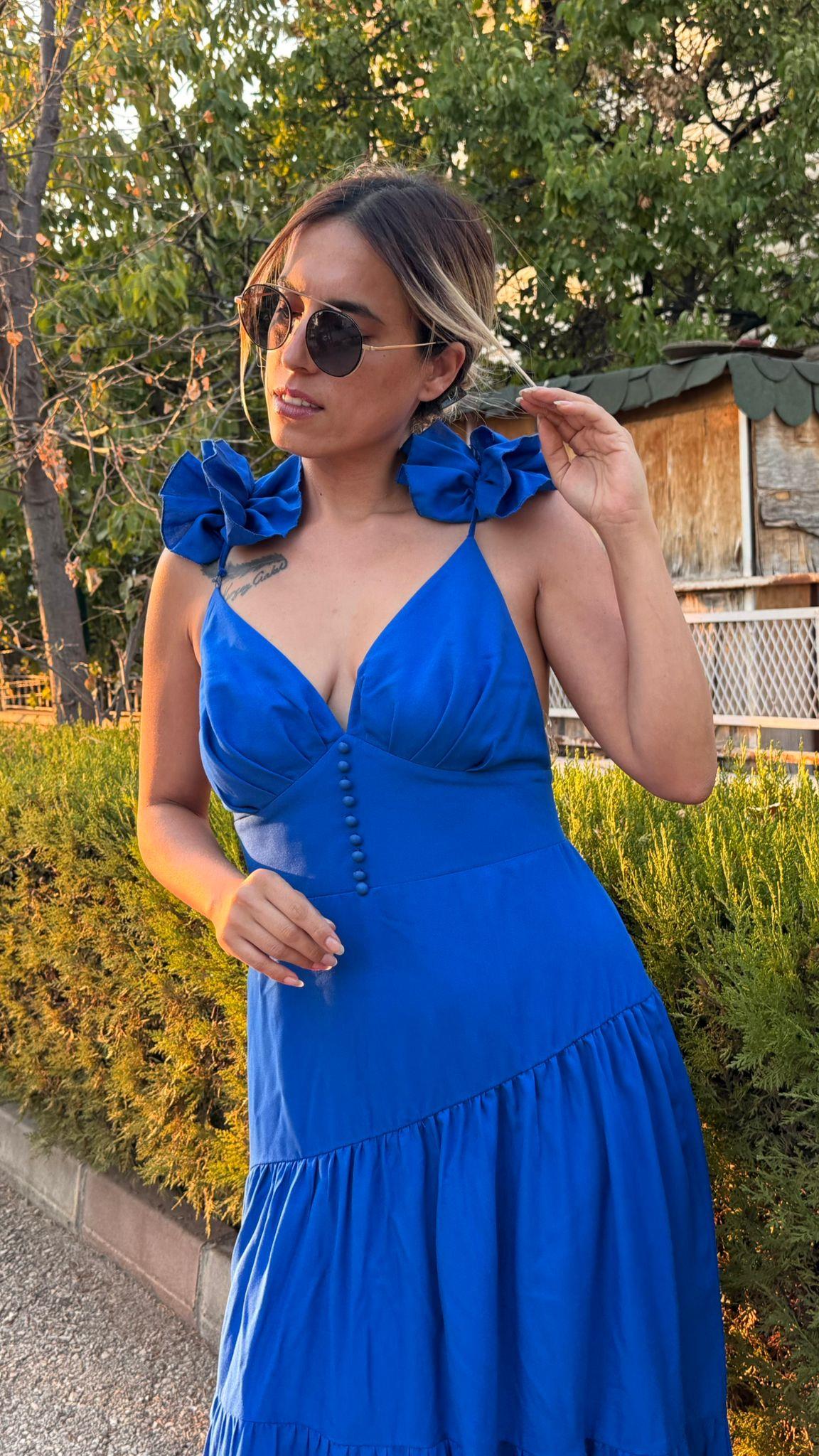 Saks Sırt Dekolteli Keten Elbise