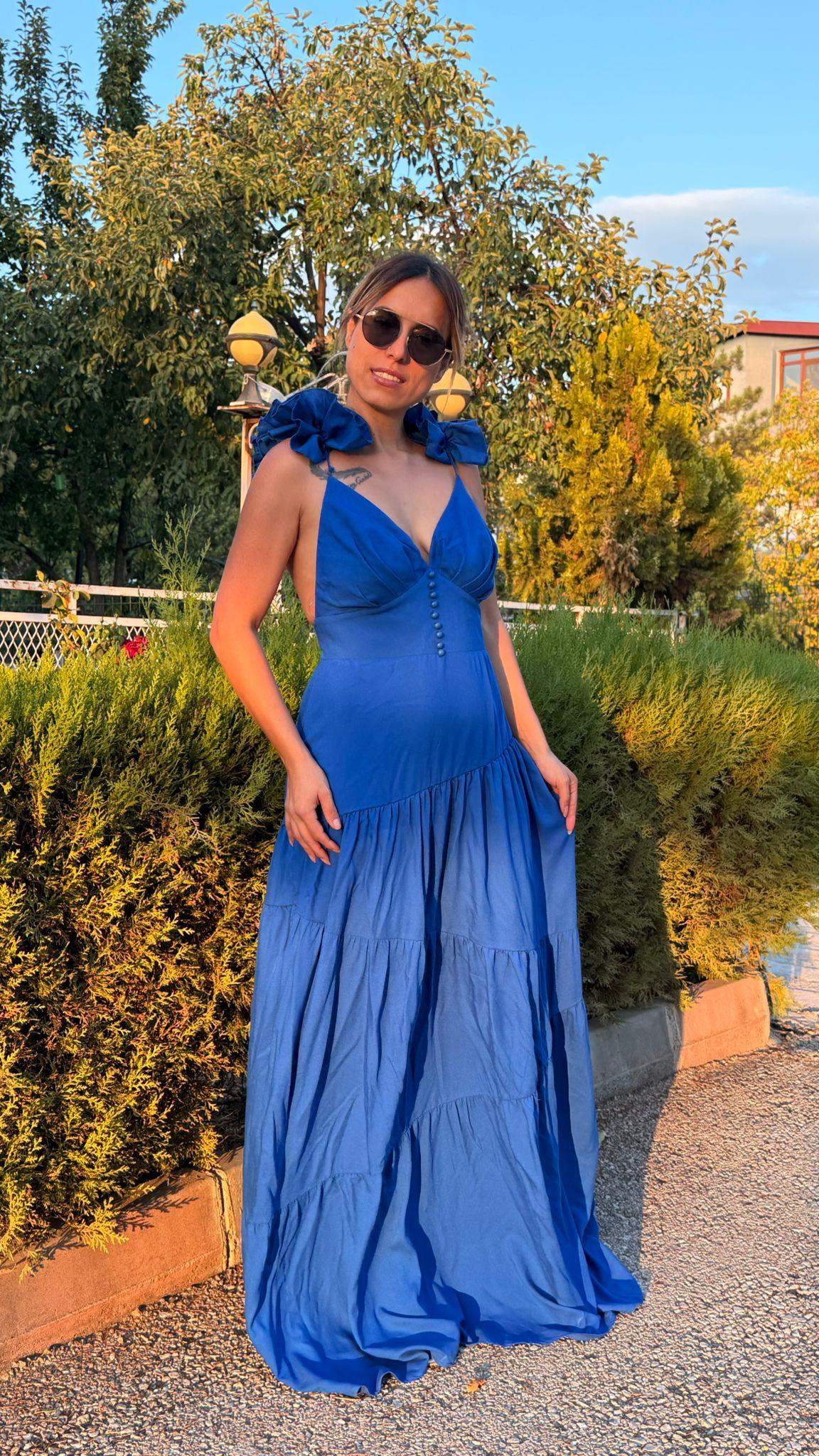 Saks Sırt Dekolteli Keten Elbise