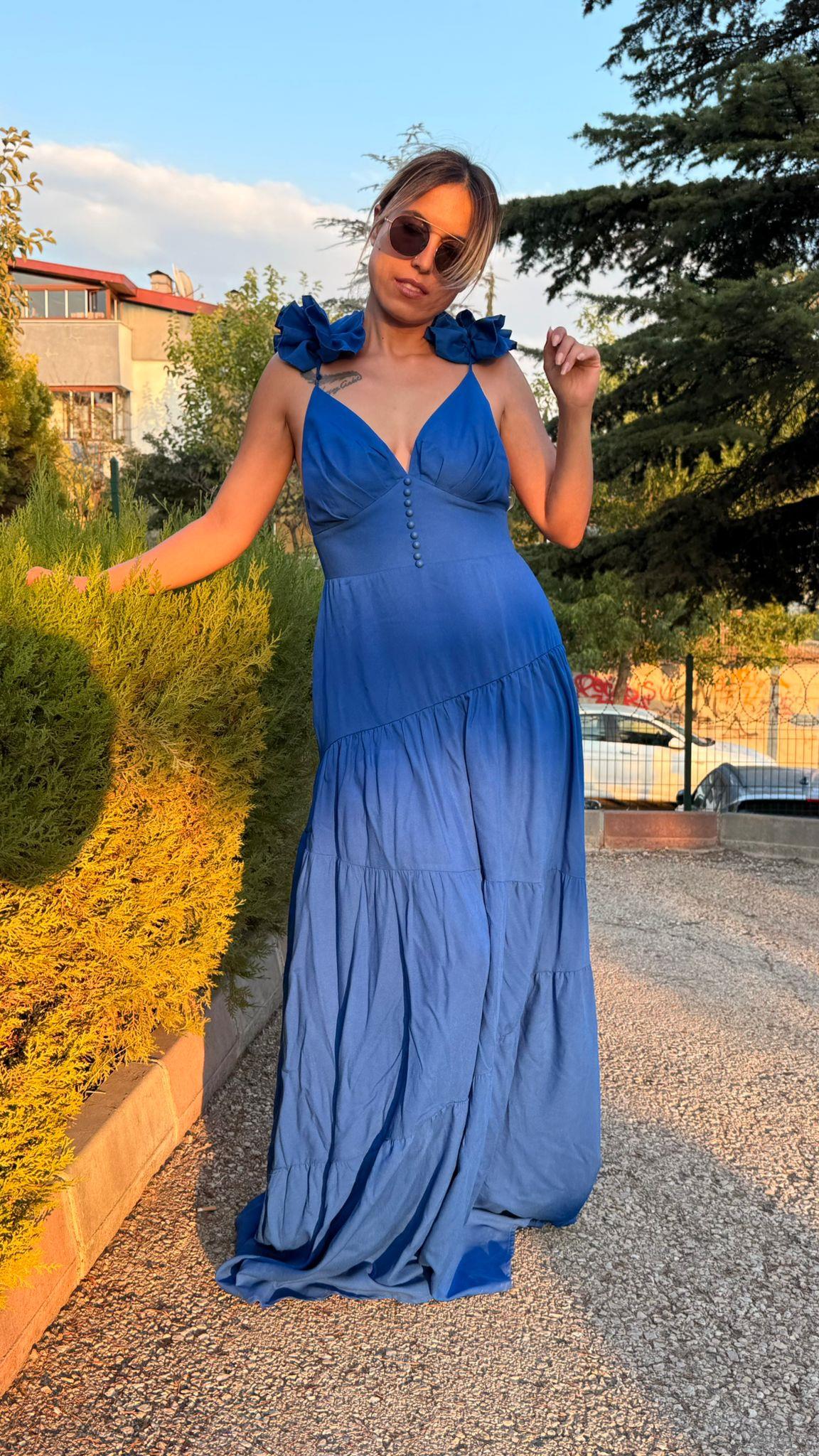 Saks Sırt Dekolteli Keten Elbise